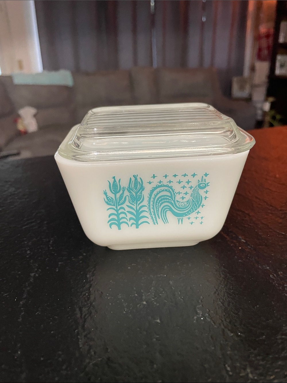 Pyrex Amish Butterprint Sm frigie dish Vintage-White Ceramic Teal Rooster Design